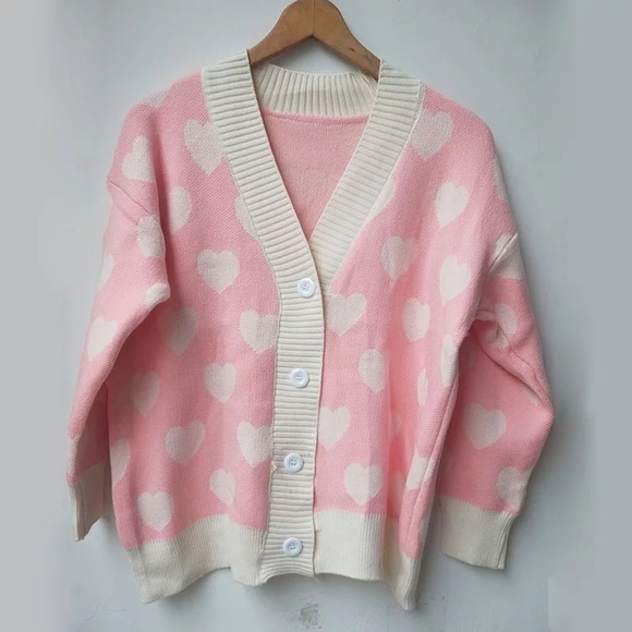 Cardigan sweater heart womens cute pink top - Picture 3 of 5